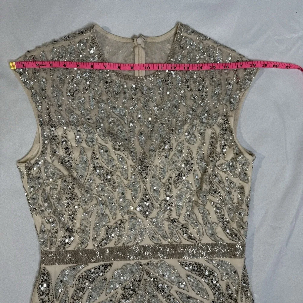 Mac Duggal Nude Silver Illusion Sheer Cap Sleeve Bead Sequin Belted Modest 5532 - Picture 13 of 16